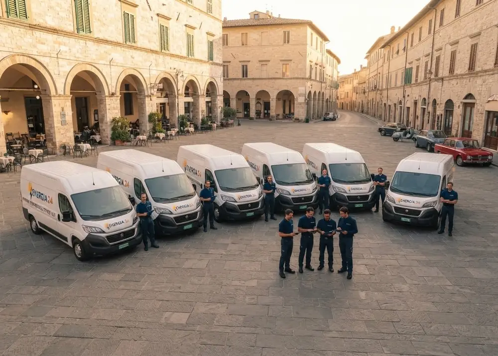 La flotta di furgoni Energia 24 e il team di tecnici