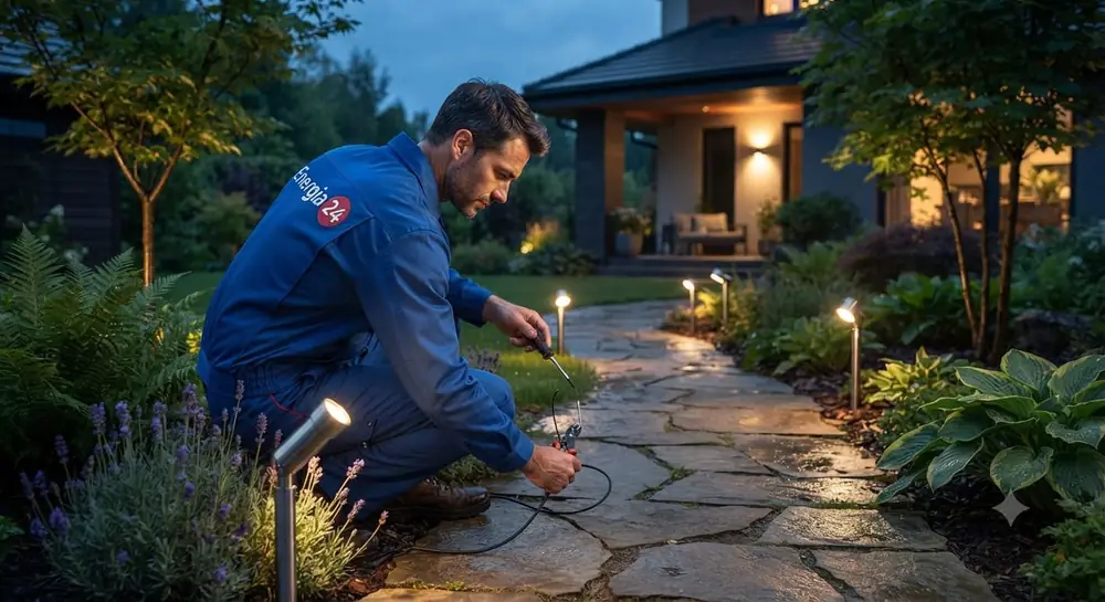 Elettricista installa l'illuminazione da giardino esterna