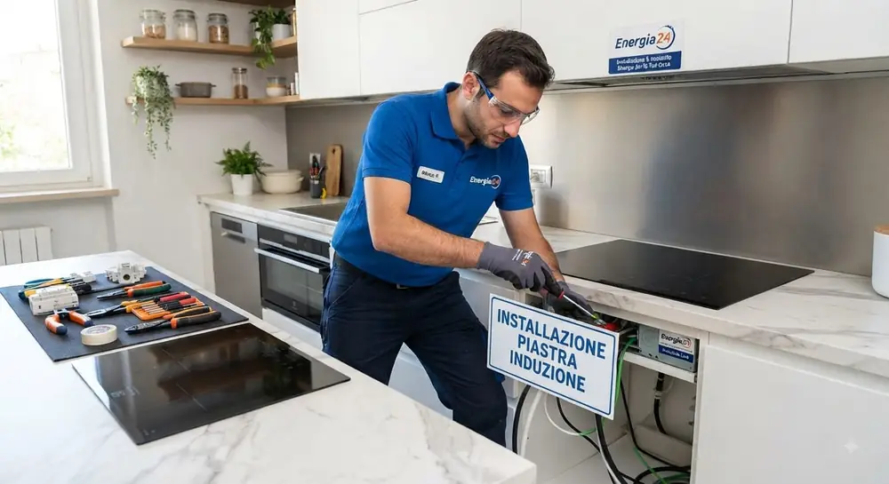 Elettricista installa un piano cottura a induzione in cucina
