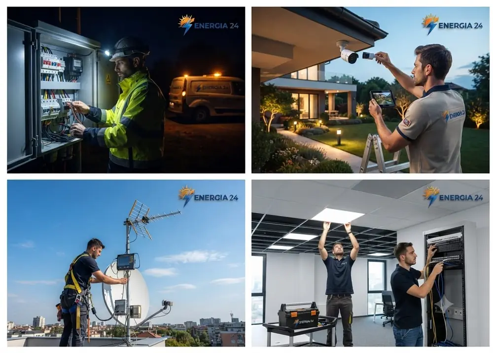 Collage di interventi elettrici: quadro, videosorveglianza, antenna e cablaggio