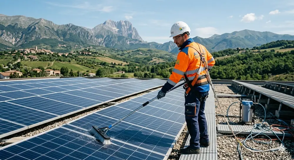 Tecnico esegue la manutenzione dei pannelli fotovoltaici in Abruzzo