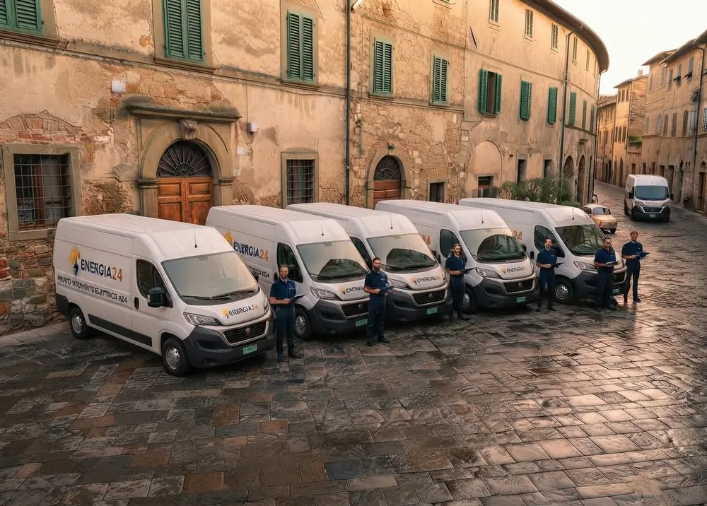 Furgoni e tecnici Energia 24 in un borgo abruzzese